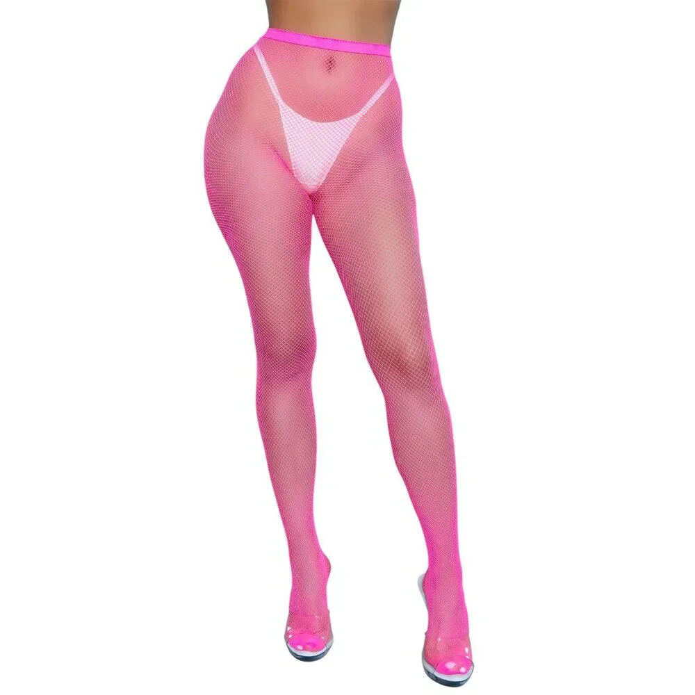 High Waisted Fishnet Pantyhose - Hot Pink
